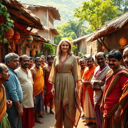 A scene depicting a white female standing confidently in a vibrant Indian village, surrounded by a diverse group of Indian men