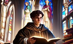 Profile picture of a Renaissance scholar, abstractly rendered amidst a symphony of ancient texts and intellectual artifacts, under the dramatic play of light from a stained glass window.