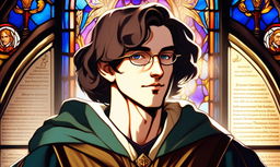 Profile picture of a Renaissance scholar, abstractly rendered amidst a symphony of ancient texts and intellectual artifacts, under the dramatic play of light from a stained glass window.