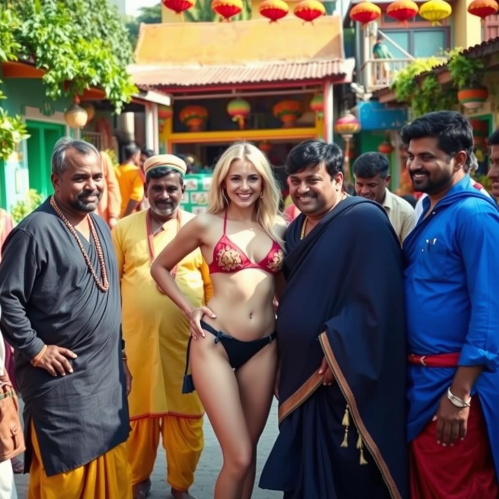 A scene set in a lively Indian village, featuring a white female wearing a small bikini, confidently posing amidst a group of Indian men dressed in traditional attire