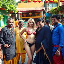 A scene set in a lively Indian village, featuring a white female wearing a small bikini, confidently posing amidst a group of Indian men dressed in traditional attire