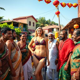 A scene set in a lively Indian village, featuring a white female wearing a small bikini, confidently posing amidst a group of Indian men dressed in traditional attire