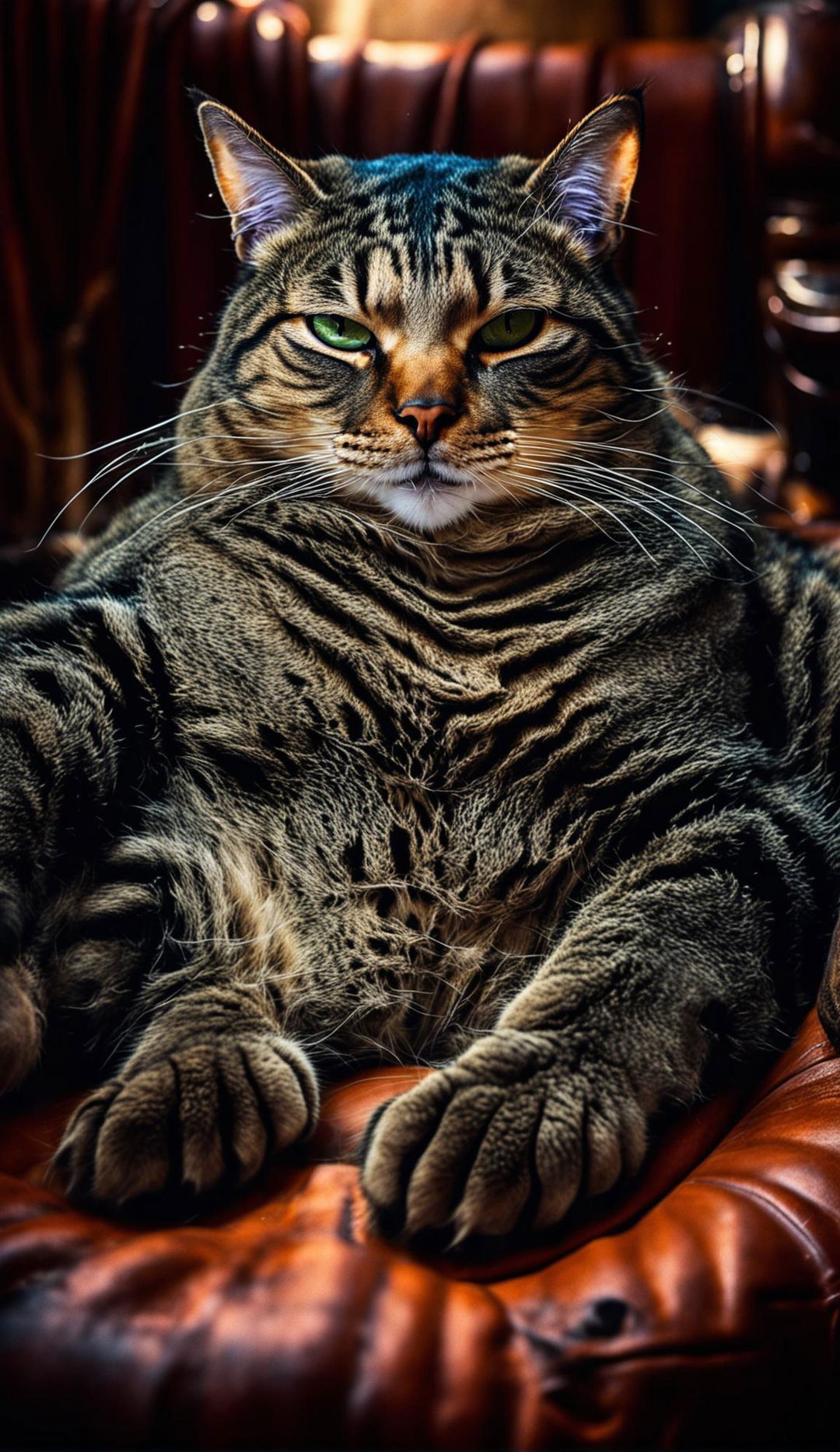 A universally big, cosmically massive tabby cat with vibrant green eyes fills the entire frame, its astronomical belly engulfing the scene. The background is blurred to emphasize the enormity of the cat.