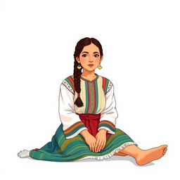 A front view illustration of a woman sitting on the floor, featuring two braids and wearing traditional Guatemalan attire
