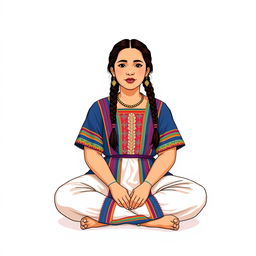 A front view illustration of a woman sitting on the floor, featuring two braids and wearing traditional Guatemalan attire