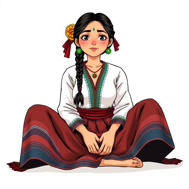 A front view illustration of a woman sitting on the floor, featuring two braids and wearing traditional Guatemalan attire