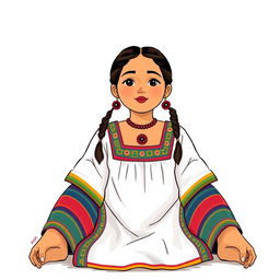 A front view illustration of a woman sitting on the floor, featuring two braids and wearing traditional Guatemalan attire