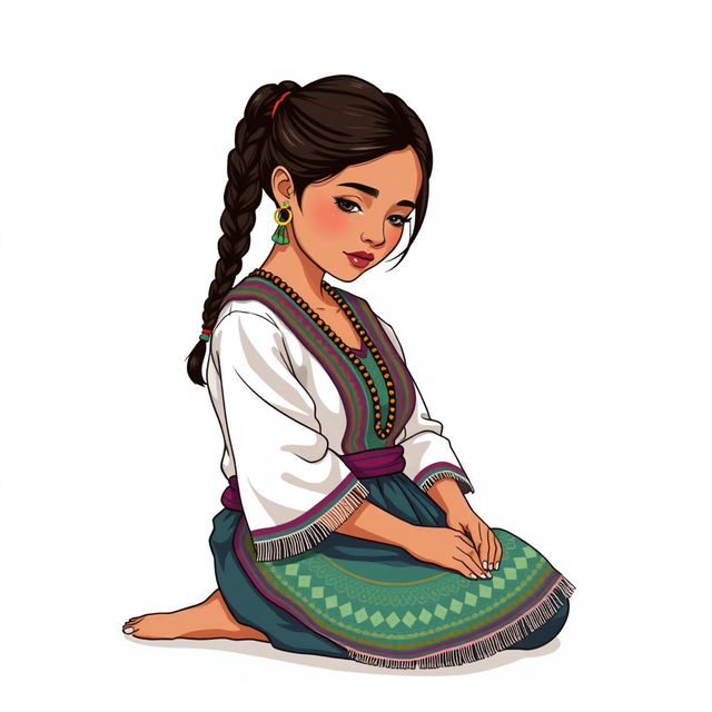 A front view illustration of an adult woman kneeling on the floor, featuring two braids and dressed in traditional Guatemalan attire