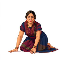 A front view illustration of an adult woman kneeling on the floor, featuring two braids and dressed in traditional Guatemalan attire
