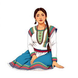A front view illustration of an adult woman kneeling on the floor, featuring two braids and dressed in traditional Guatemalan attire