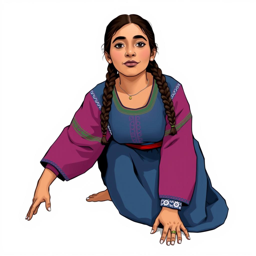 A front view illustration of an adult woman kneeling on the floor, featuring two braids and dressed in traditional Guatemalan attire