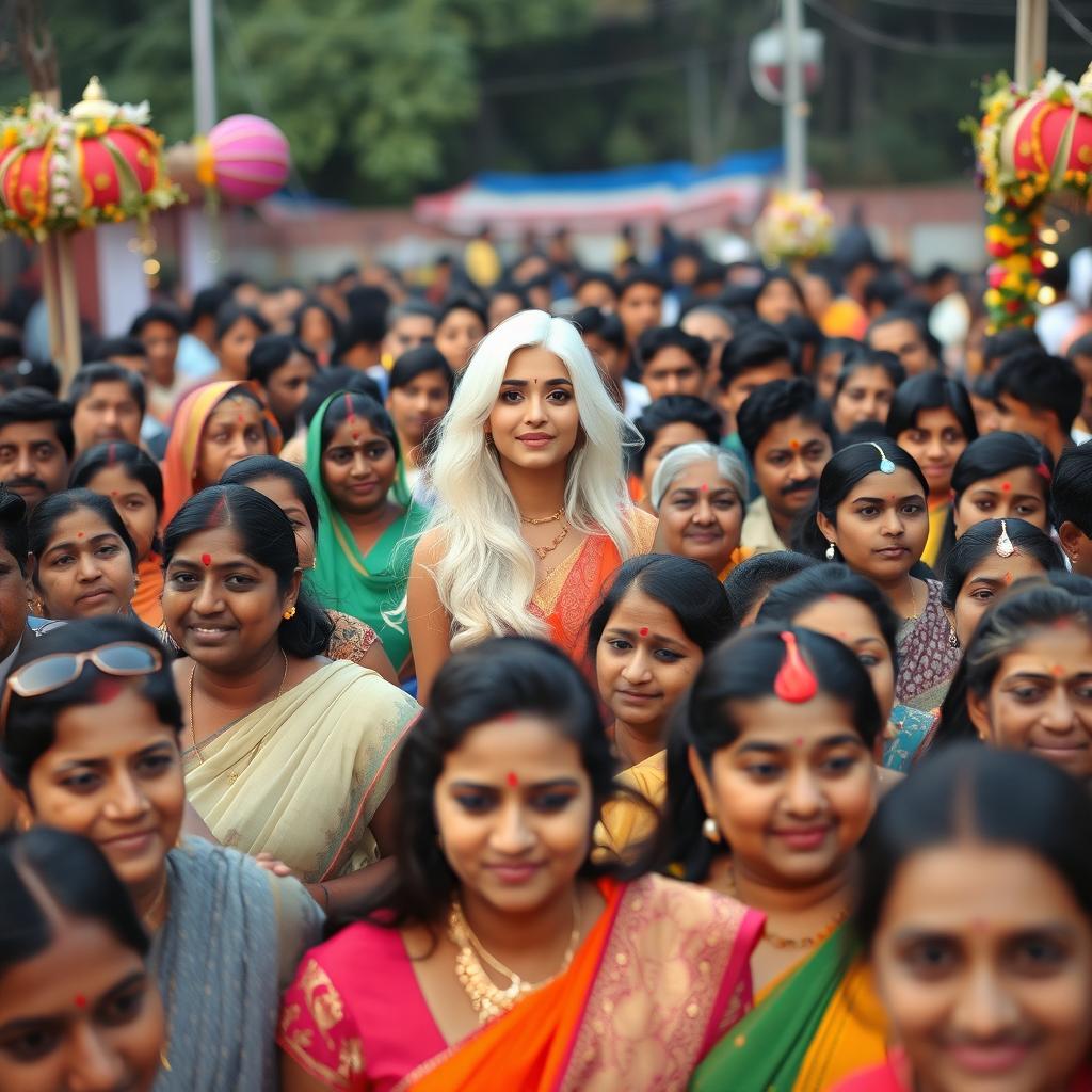 A group of diverse Indian people gathered in a dense crowd, showcasing a variety of traditional clothing styles, vibrant colors, and expressions of joy