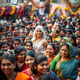 A group of diverse Indian people gathered in a dense crowd, showcasing a variety of traditional clothing styles, vibrant colors, and expressions of joy
