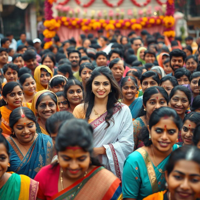 A group of diverse Indian people gathered in a dense crowd, showcasing a variety of traditional clothing styles, vibrant colors, and expressions of joy