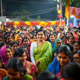 A group of diverse Indian people gathered in a dense crowd, showcasing a variety of traditional clothing styles, vibrant colors, and expressions of joy
