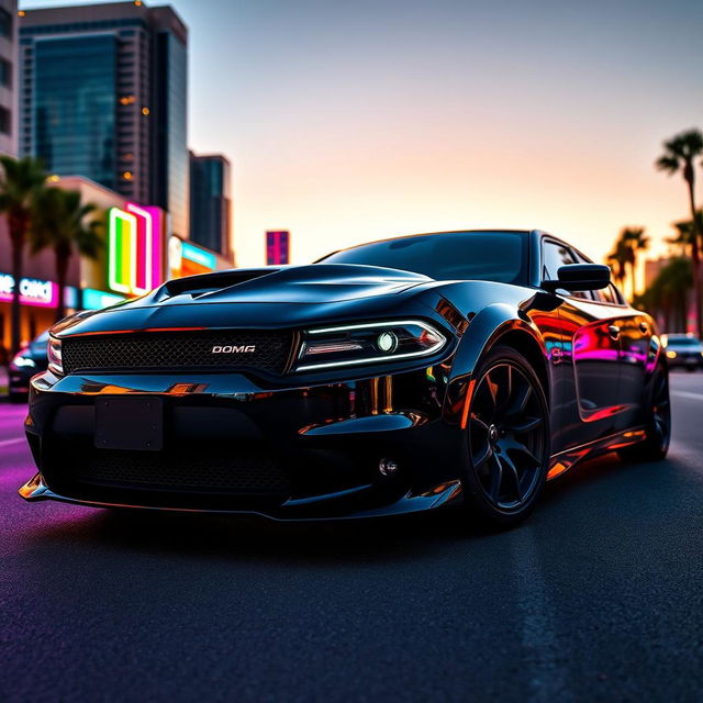 A stunning Dodge Charger Demon parked on a vibrant city street at sunset, showcasing its aggressive design and muscular presence