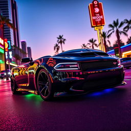 A stunning Dodge Charger Demon parked on a vibrant city street at sunset, showcasing its aggressive design and muscular presence