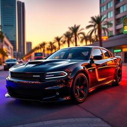 A stunning Dodge Charger Demon parked on a vibrant city street at sunset, showcasing its aggressive design and muscular presence