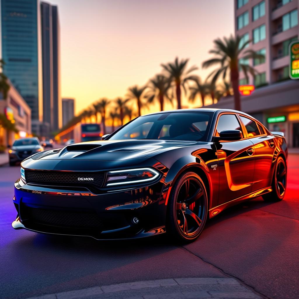 A stunning Dodge Charger Demon parked on a vibrant city street at sunset, showcasing its aggressive design and muscular presence
