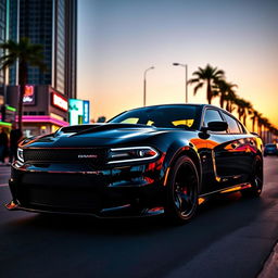 A stunning Dodge Charger Demon parked on a vibrant city street at sunset, showcasing its aggressive design and muscular presence