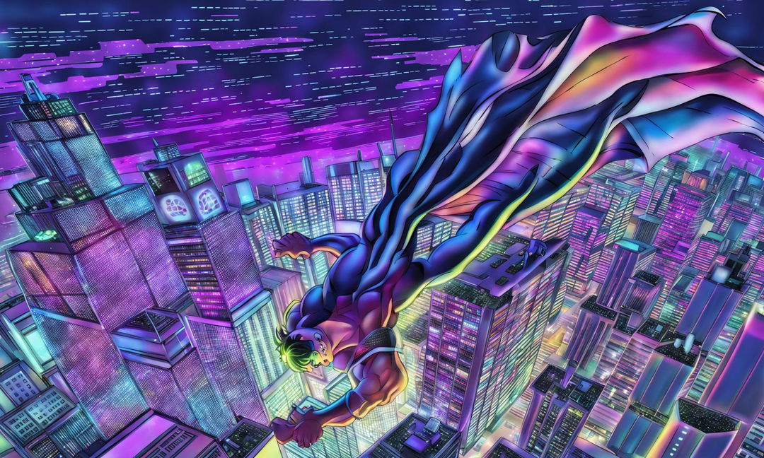 A vintage anime-style superhero leaps from a skyscraper in a retro-futuristic city at sunset.