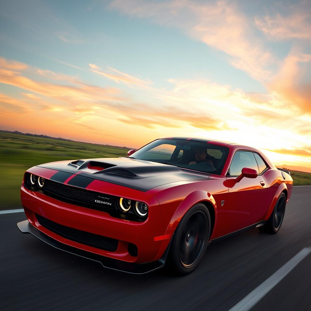 A dynamic and striking Dodge Charger Demon racing down an open highway, its powerful engine roaring as it accelerates