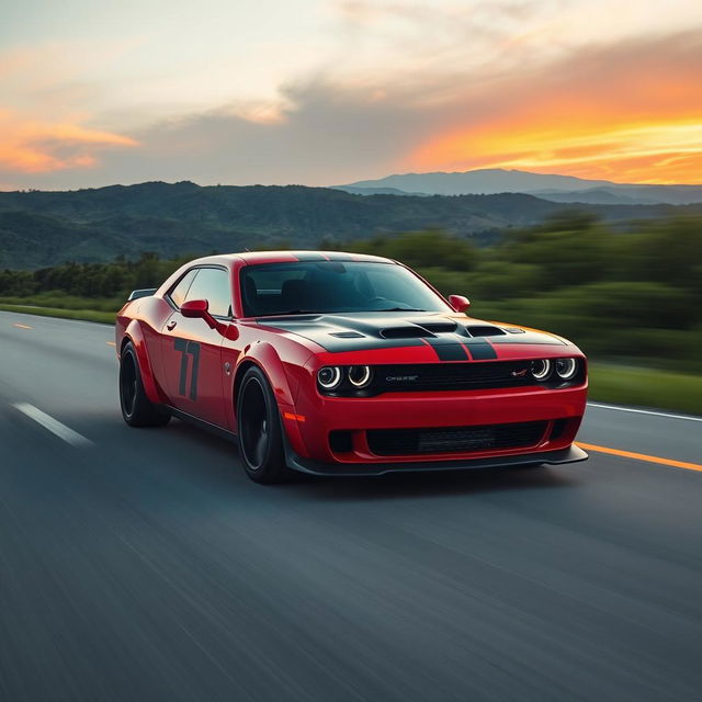 A dynamic and striking Dodge Charger Demon racing down an open highway, its powerful engine roaring as it accelerates