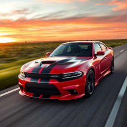 A dynamic and striking Dodge Charger Demon racing down an open highway, its powerful engine roaring as it accelerates