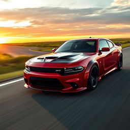 A dynamic and striking Dodge Charger Demon racing down an open highway, its powerful engine roaring as it accelerates