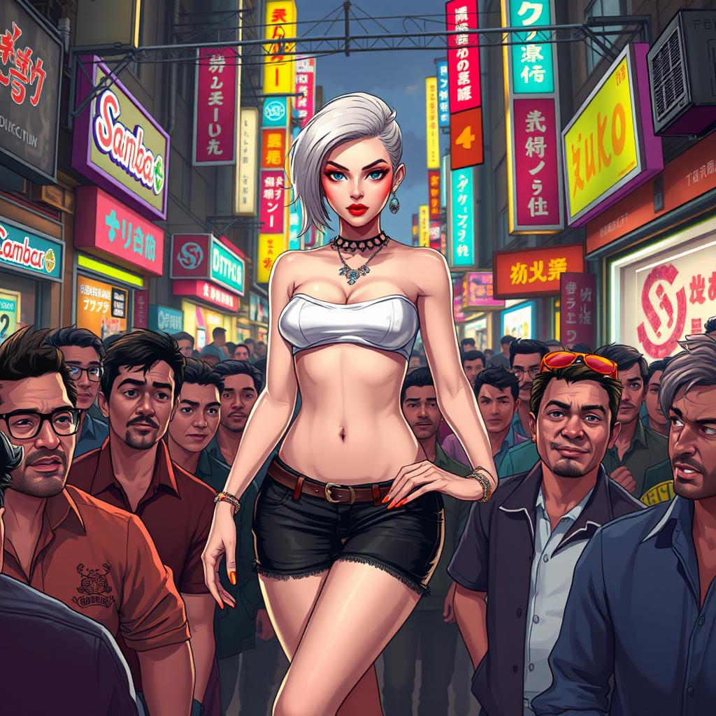 A white female character wearing very small, trendy clothing, standing confidently amidst a dense crowd of men