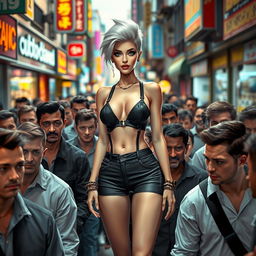 A white female character wearing very small, trendy clothing, standing confidently amidst a dense crowd of men