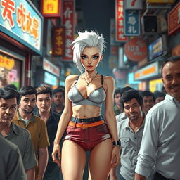 A white female character wearing very small, trendy clothing, standing confidently amidst a dense crowd of men