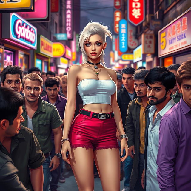 A white female character wearing very small, trendy clothing, standing confidently amidst a dense crowd of men