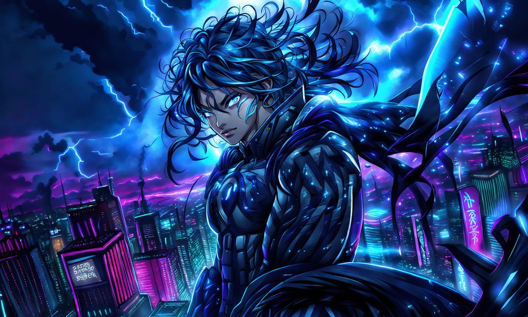 Anime superhero in intense close-up on top of a skyscraper in a gritty neon-lit cityscape.