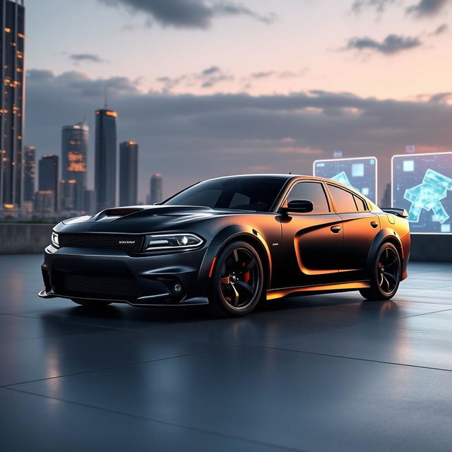 A breathtaking Dodge Charger Demon 2025 showcased in a sleek, high-tech environment, highlighting its futuristic design and performance features