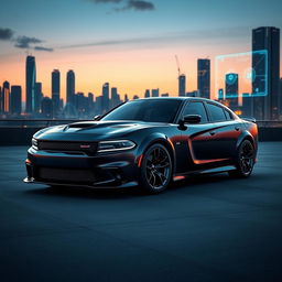 A breathtaking Dodge Charger Demon 2025 showcased in a sleek, high-tech environment, highlighting its futuristic design and performance features