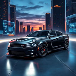 A breathtaking Dodge Charger Demon 2025 showcased in a sleek, high-tech environment, highlighting its futuristic design and performance features