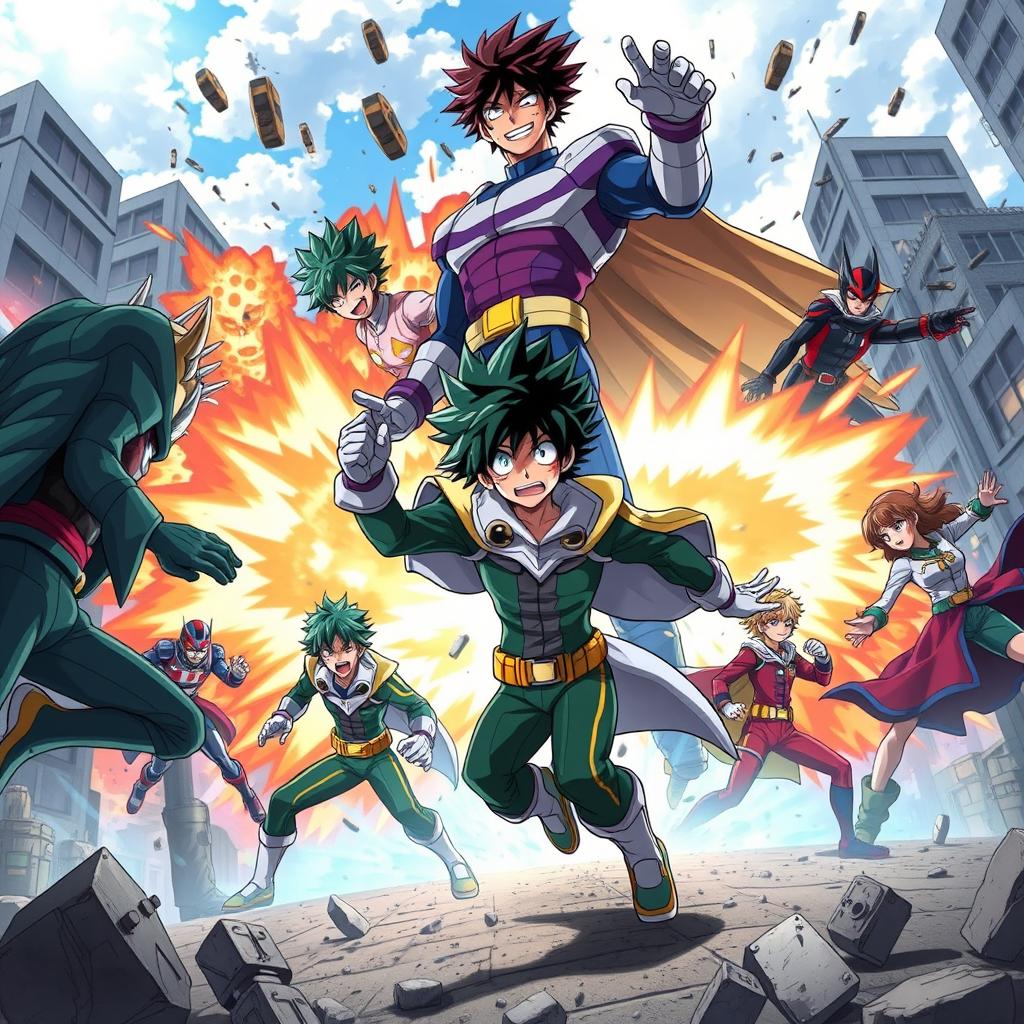 An intense and emotional scene from the anime 'My Hero Academia', featuring iconic characters in their distinctive heroic outfits, showcasing their unique Quirks in an epic battle against villains