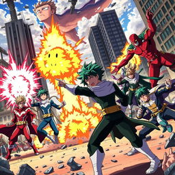 An intense and emotional scene from the anime 'My Hero Academia', featuring iconic characters in their distinctive heroic outfits, showcasing their unique Quirks in an epic battle against villains