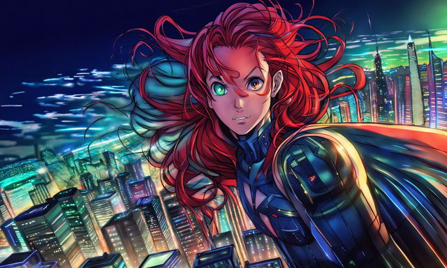 Anime-style superwoman in intense close-up on top of a skyscraper, displaying grit and determination against a sprawling cityscape at twilight.