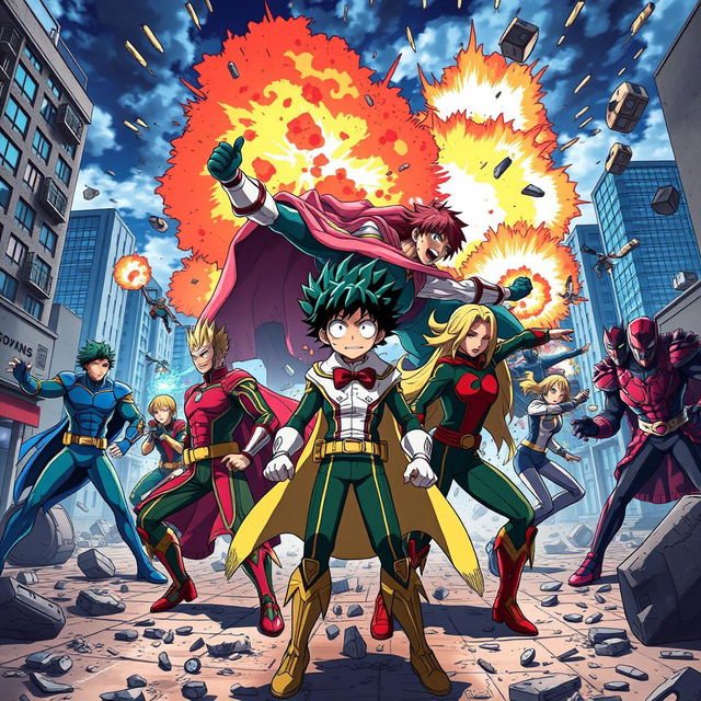 An intense and emotional scene from the anime 'My Hero Academia', featuring iconic characters in their distinctive heroic outfits, showcasing their unique Quirks in an epic battle against villains