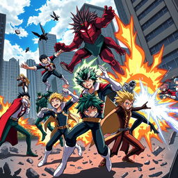 An intense and emotional scene from the anime 'My Hero Academia', featuring iconic characters in their distinctive heroic outfits, showcasing their unique Quirks in an epic battle against villains