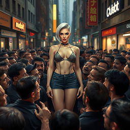 A realistic depiction of a white female character dressed in very small, fashionable clothing, standing confidently in the center of a dense crowd of men