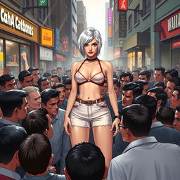 A realistic depiction of a white female character dressed in very small, fashionable clothing, standing confidently in the center of a dense crowd of men