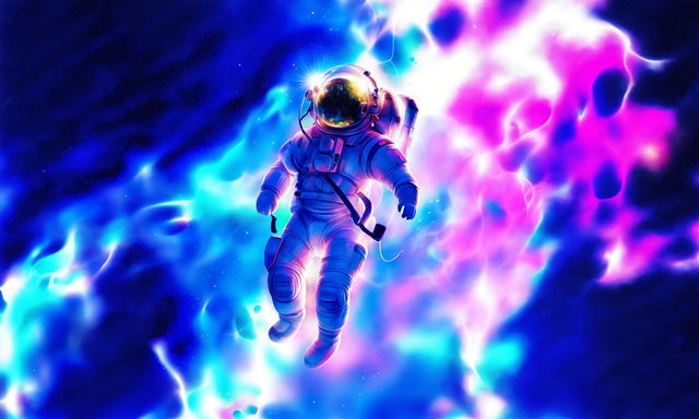 A surreal digital art album cover featuring a lone astronaut floating amidst soft-focus cosmic clouds and nebulae, illuminated by the iridescent light of a distant galaxy.