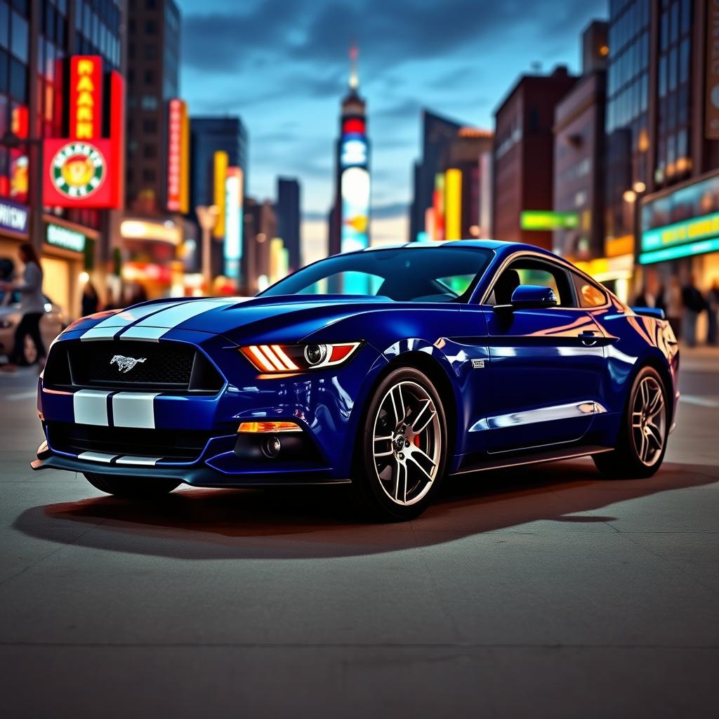 A sleek 2015 Ford Mustang parked in a stylish urban setting, showcasing its iconic design and muscular stance