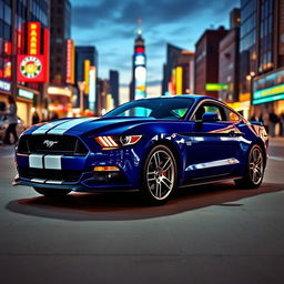 A sleek 2015 Ford Mustang parked in a stylish urban setting, showcasing its iconic design and muscular stance