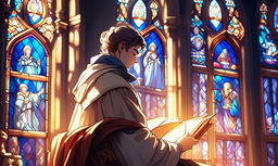 Ethereal profile picture of a Renaissance scholar, intricately detailed and abstractly rendered amidst a dreamy symphony of ancient texts and intellectual artifacts, under the dramatic play of light from a stained glass window.