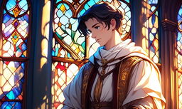 Ethereal profile picture of a Renaissance scholar, intricately detailed and abstractly rendered amidst a dreamy symphony of ancient texts and intellectual artifacts, under the dramatic play of light from a stained glass window.