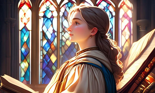 Ethereal profile picture of a Renaissance scholar, intricately detailed and abstractly rendered amidst a dreamy symphony of ancient texts and intellectual artifacts, under the dramatic play of light from a stained glass window.